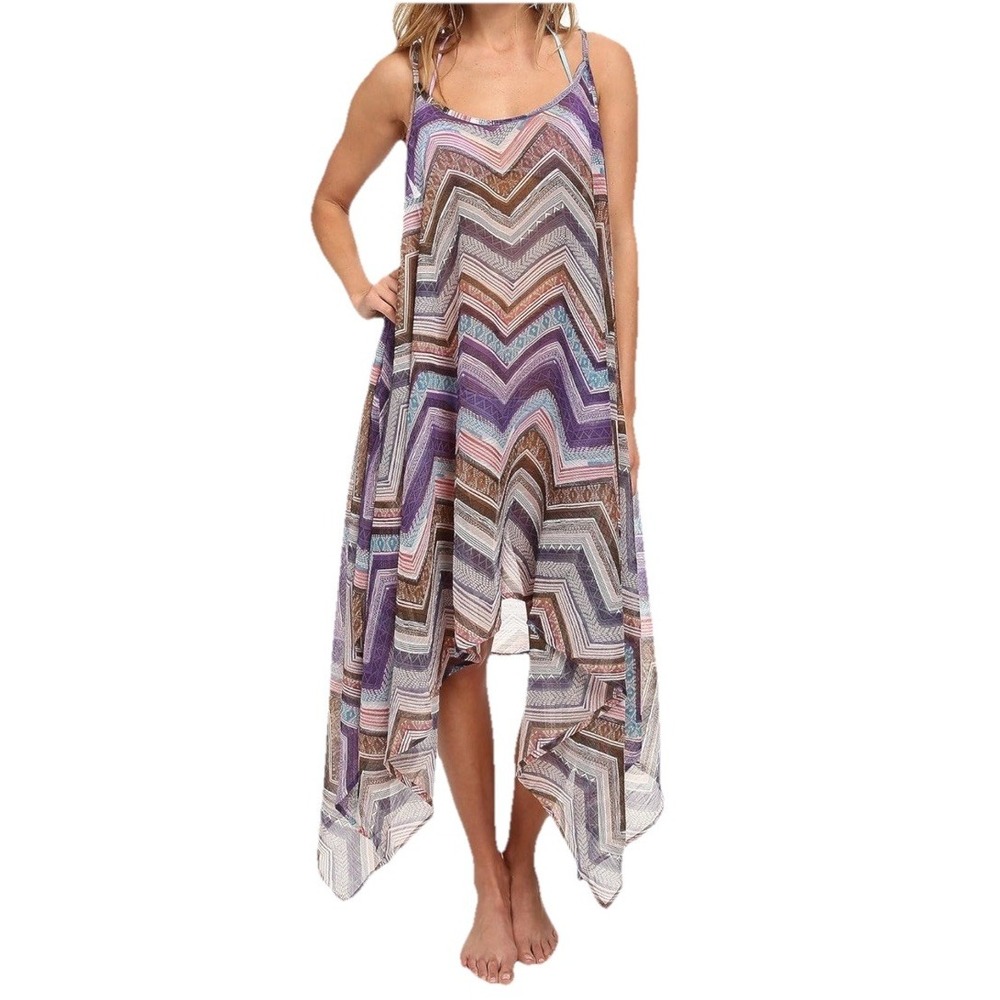 O'Neill Mindy Cover-Up Dress Boho Chevron Handkerchief Hem One Size Swimwear‎